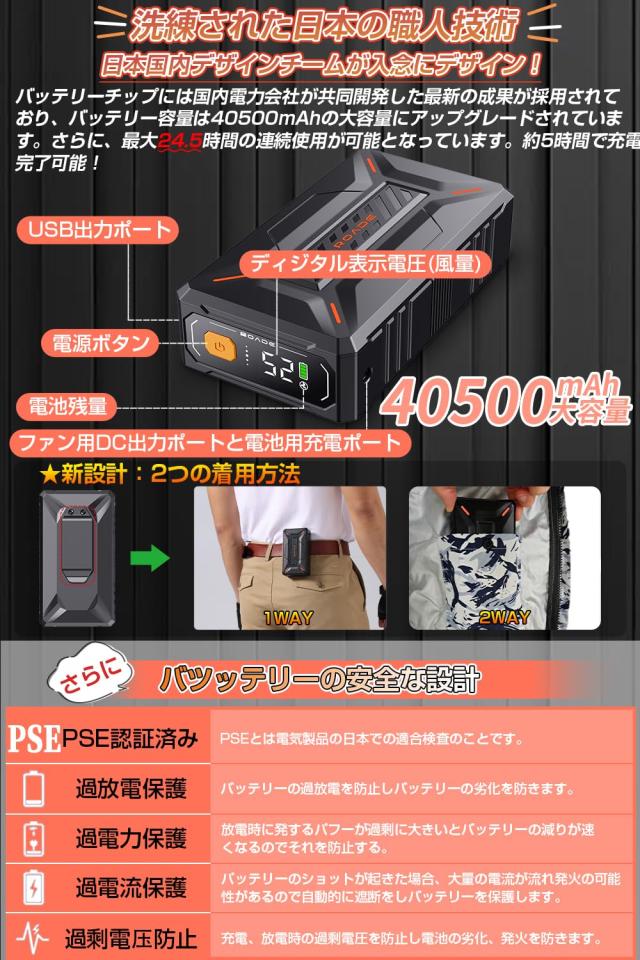 52Vファンバッテリーセット 40500mahバッテリー付き 7段階風量調節 24