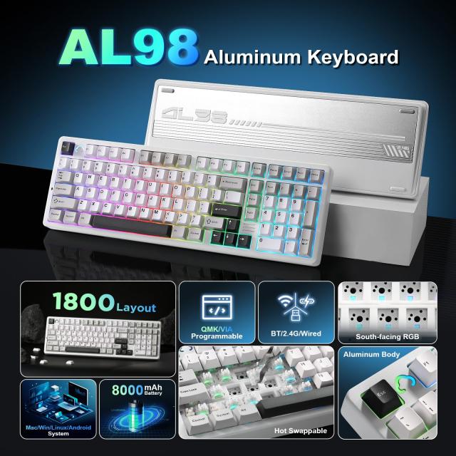YUNZII AL98 QMK/VIA ワイヤレス メカニカルゲーミングキーボード フルアルミニウム筐体 BT/2.4G/USB-C接続対応 プレルーブ済み ホットス_1