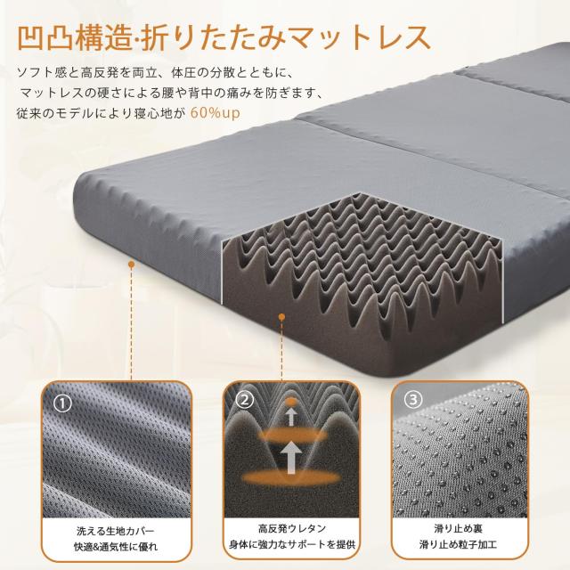 aicomri 折りたたみマットレス シングル 高反発 厚10cm 28D高密度 硬め190N 滑り止め付き 体圧分散 凹凸加工 抗菌防臭 洗えるカバー 通気_5