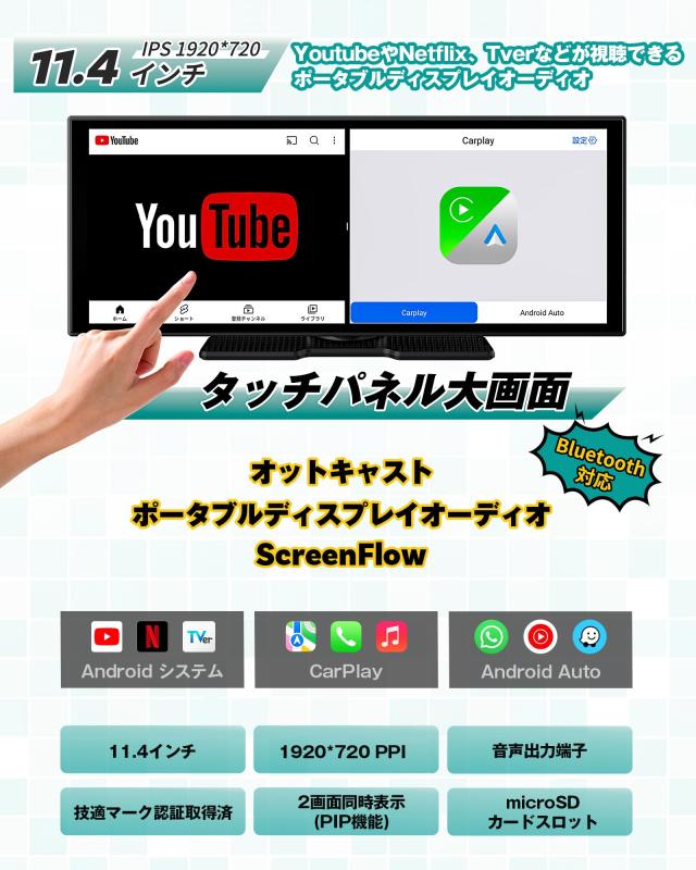 オットキャストスクリーンフロー ポータブル車載デイスプレイオーディオ Screen Flow 11.4インチ タッチパネル アンドロイドナビ YouTube