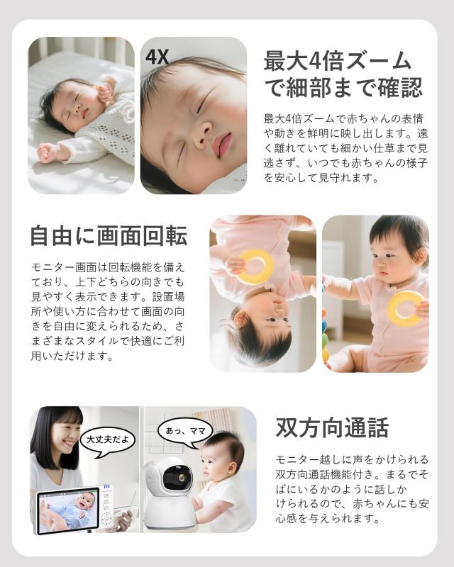 ZAIDER ベビーモニター モニター付き 見守りカメラ ペットカメラ 首振り操作＆VOX省エネ 遠隔操作 ベビーセンサー_6