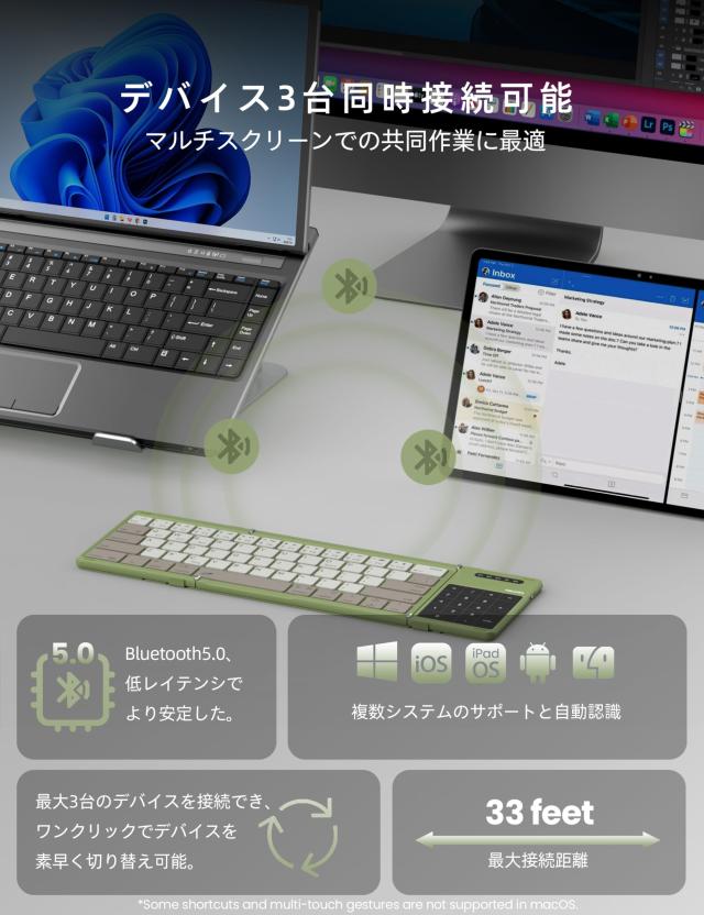 Nillkin 【正規販売店】キーボード Bluetooth 折りたたみ式 ワイヤレス iPad用 無線 【最新型タッチパッド＆テンキー2 in 1】 三台同時接_4