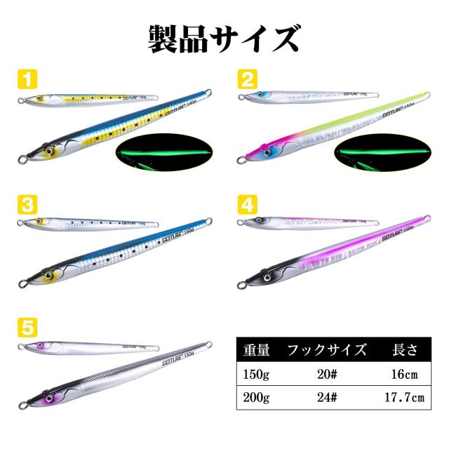 GOTURE リードフィッシングジグ 200g 5 種類セット 二本？付き 垂直ジグ 海水淡水兼用 アシストフック付き 5 個入り PVC 袋 + 紙カード 鉛_6