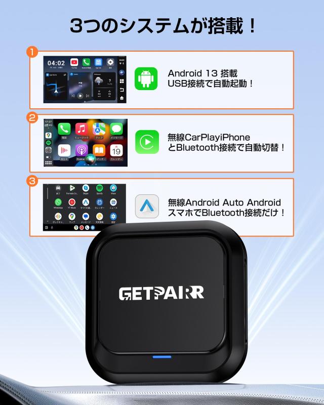 CarPlay GETPAIRR CarPlay ワイヤレス＆Android Auto対応 Android 13搭載 カープレイワイヤレス化_1