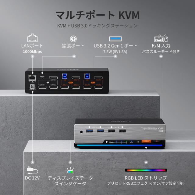 TESmart 8K@60Hz DP 2入力3出力 KVMスイッチ 3台モニター 2台コンピューター USB3.0 DisplayPort1.4 トリプルモニター KVM切替器 4K@120H_1