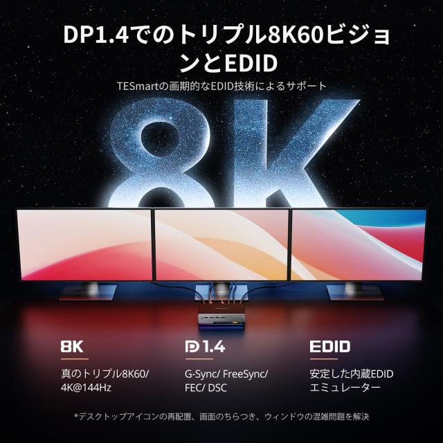 TESmart 8K@60Hz DP 2入力3出力 KVMスイッチ 3台モニター 2台コンピューター USB3.0 DisplayPort1.4 トリプルモニター KVM切替器 4K@120H_2