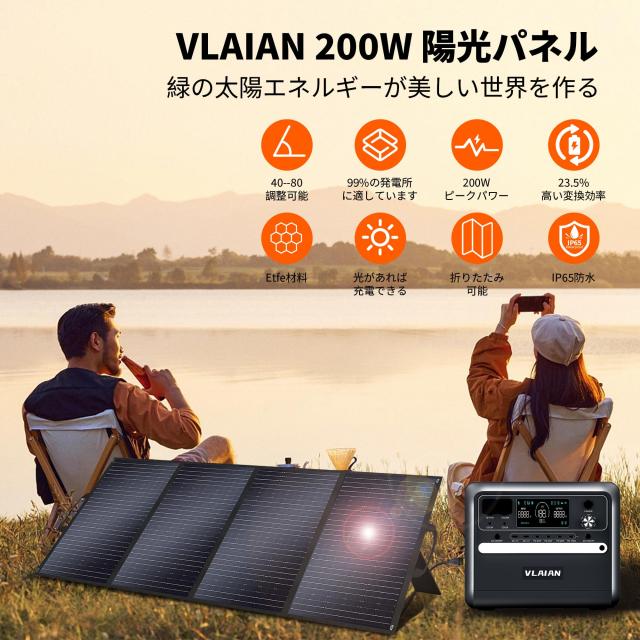 VLAIAN ソーラーパネル 200W 18V 11.11A 折りたたみ式 ソーラーチャージャー 太陽光発電 ポータブル電源 角度調整可能 高変換効率 軽量 M