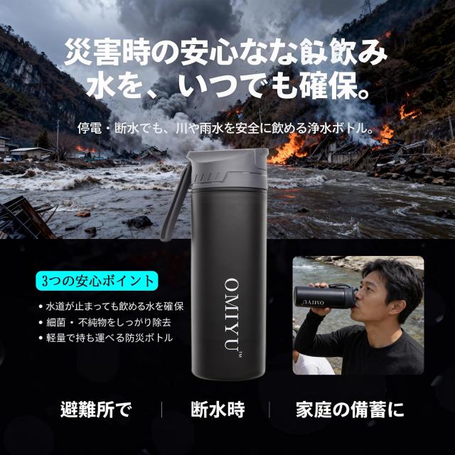 OMIYU 防災用 携帯浄水ボトル（プレス式・直飲み）500ml ホワイト｜UF