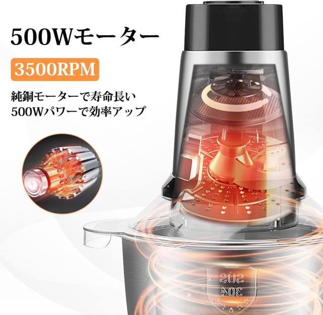 Umillion フードプロセッサー 大容量 3.5L 4枚刃 3段階速度 500W PSE・FDA認証取得 業務用フードチョッパー 電動みじん切り器 ステンレス