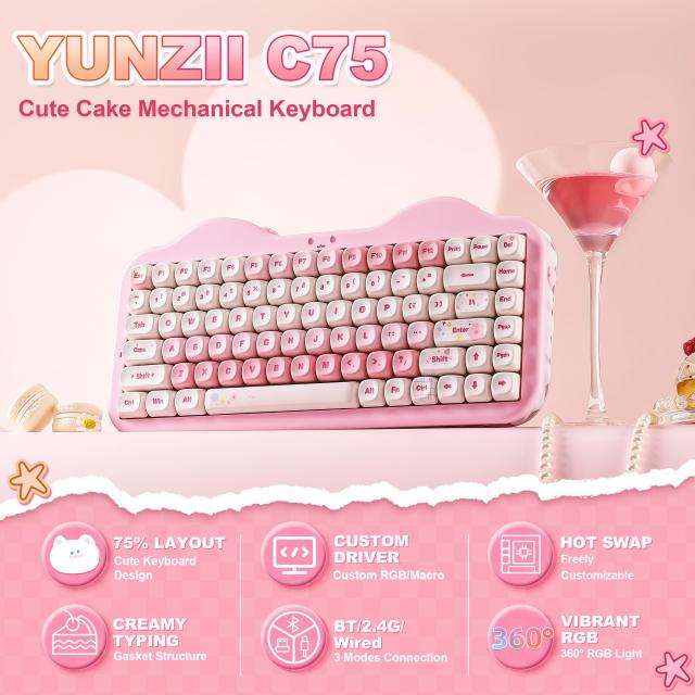 YUNZII C75 ワイヤレス メカニカルキーボード 75%レイアウト ホットスワップ対応 クリーミーキーボード NKRO PBT MOA キーキャップ RGBバ_1