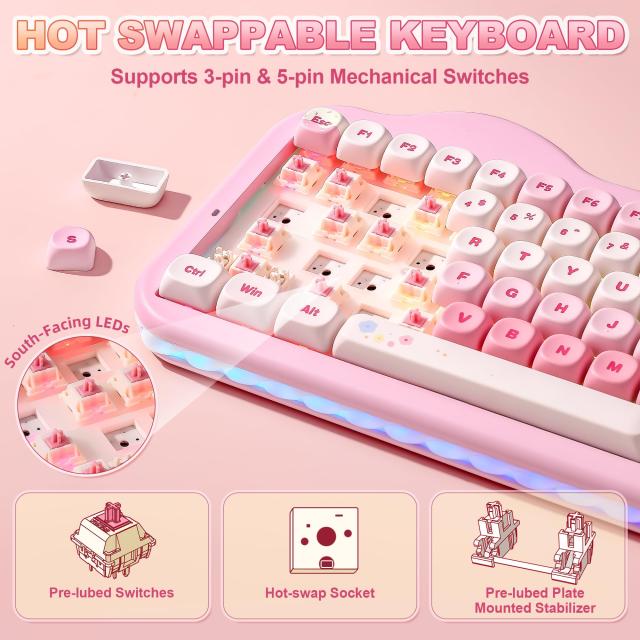 YUNZII C75 ワイヤレス メカニカルキーボード 75%レイアウト ホットスワップ対応 クリーミーキーボード NKRO PBT MOA キーキャップ RGBバ_4