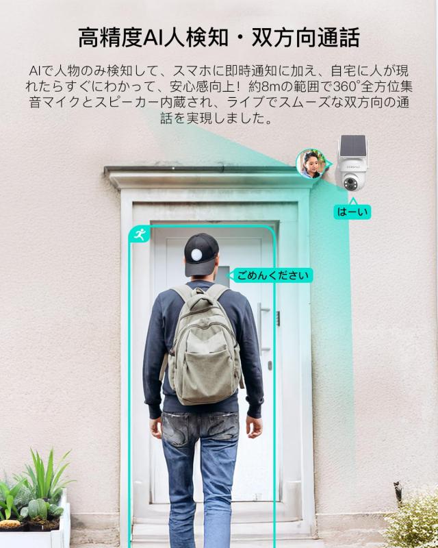 「新モデルソーラー高効率発電・500万高画素・360°撮影可能 」COOAU 防犯カメラ 屋外 ソーラー 完全ワイヤレス 監視カメラ 電源不要 配_4