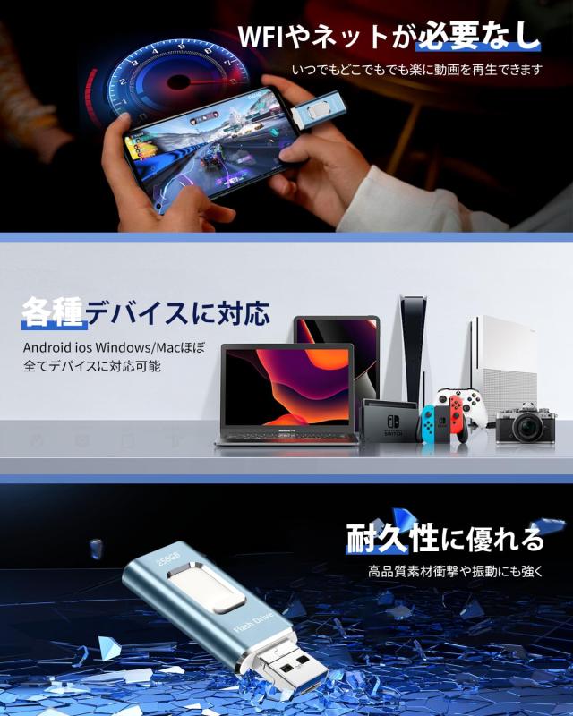 USBメモリー256GB【アプリ不要】4in1 phone対応usbメモリ高速USB 3.0 IOS/USB/Type-C/micro usb フラッシュメモリ type-c USB メモリーph_6