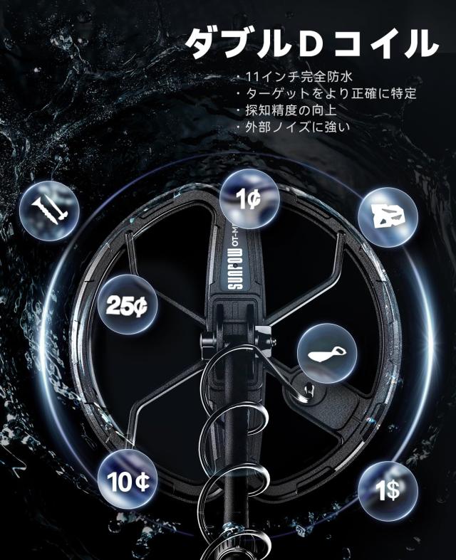 SUNPOW プロフェッショナル金属探知機 高感度 防水検知コイル ピンポインター機能搭載 ゴールド検出対応 充電式 IP68防塵防水 多機能LCD