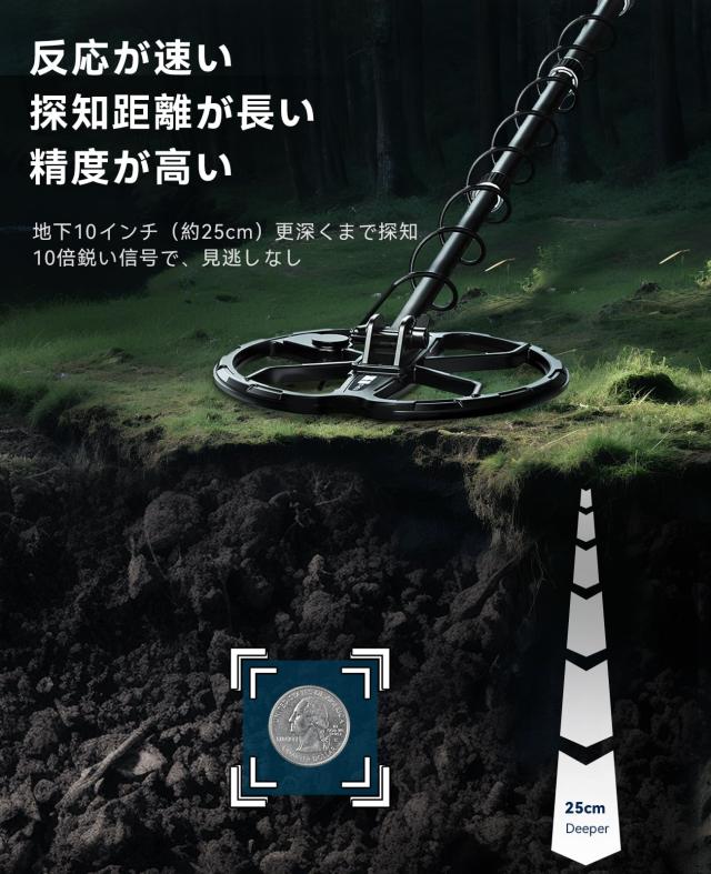 SUNPOW プロフェッショナル金属探知機 高感度 防水検知コイル ピンポインター機能搭載 ゴールド検出対応 充電式 IP68防塵防水 多機能LCD