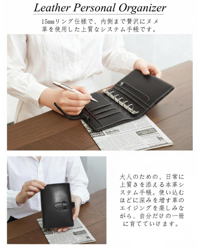 FENSPARK システム手帳 6穴リング ミニ6リフィル4種類120枚/コラージュ素材/ステッカー付き カード収納 スケジュール帳 手帳カバー メモ_3