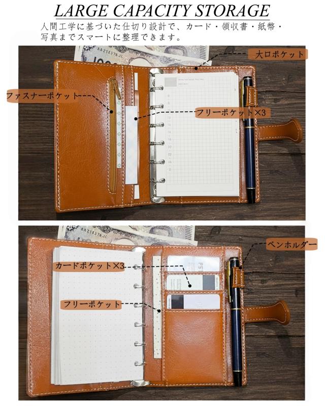 FENSPARK システム手帳 6穴リング ミニ6リフィル4種類120枚/コラージュ素材/ステッカー付き カード収納 スケジュール帳 手帳カバー メモ_4