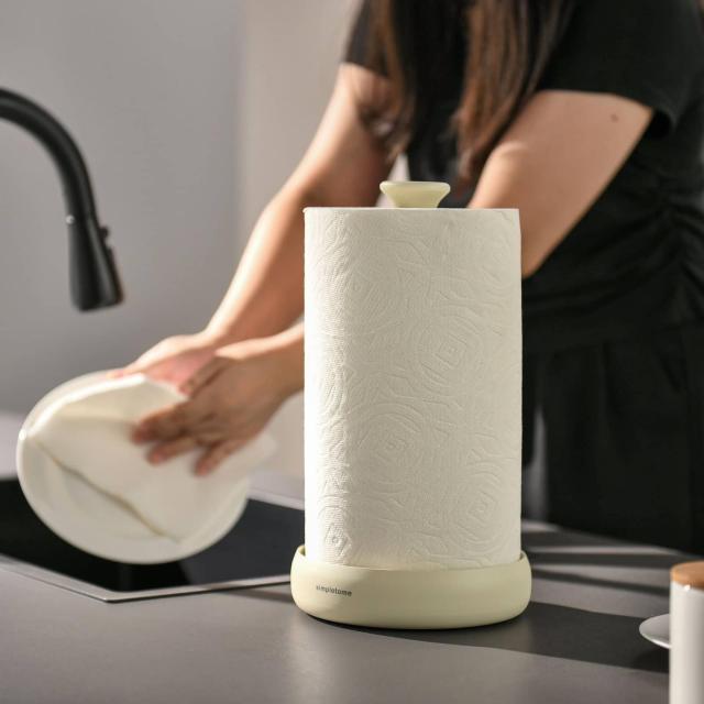 simpletome キッチンペーパーホルダー 卓上 片手で切れる巻き上げたまま保管 重り付きベース (マットクリーム)
