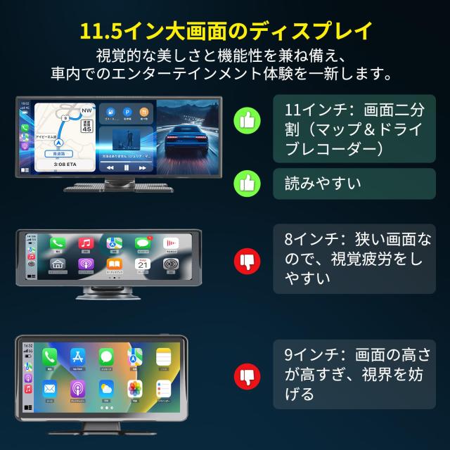【大画面11.5inch】 kuayvan ディスプレイオーディオ 11.5インチ ポータブル カーオーディオ ドライブレコーダー 64GB SDカード＆4K CarPl_7
