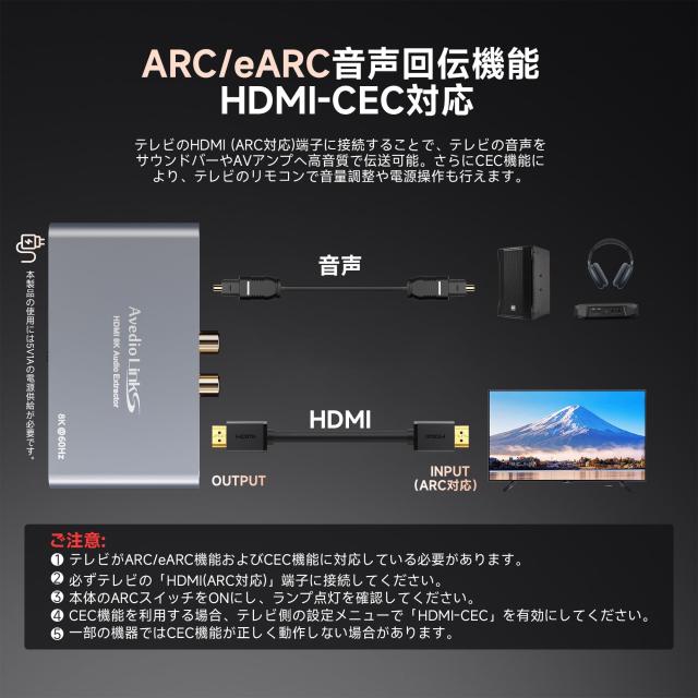 avedio links HDMI 2.1 音声分離器 8K60Hz 4K120Hz対応 HDMI Audio Extractor 5.1ch ARC/eARC CEC Dolby Atmos DTS AAC ALLM VRR 光デジ