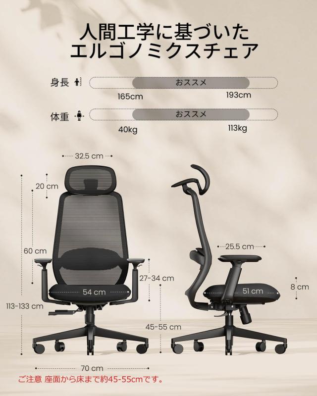 ProtoArc EC200 オフィスチェア 人間工学椅子 座面スライド広い座面