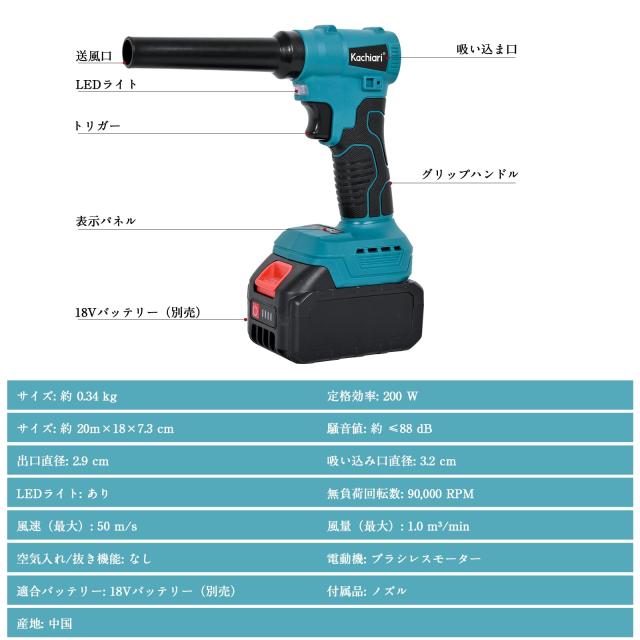 Kachiari 充電式エアダスター 18V LEDライト付 最大風速 100m/s