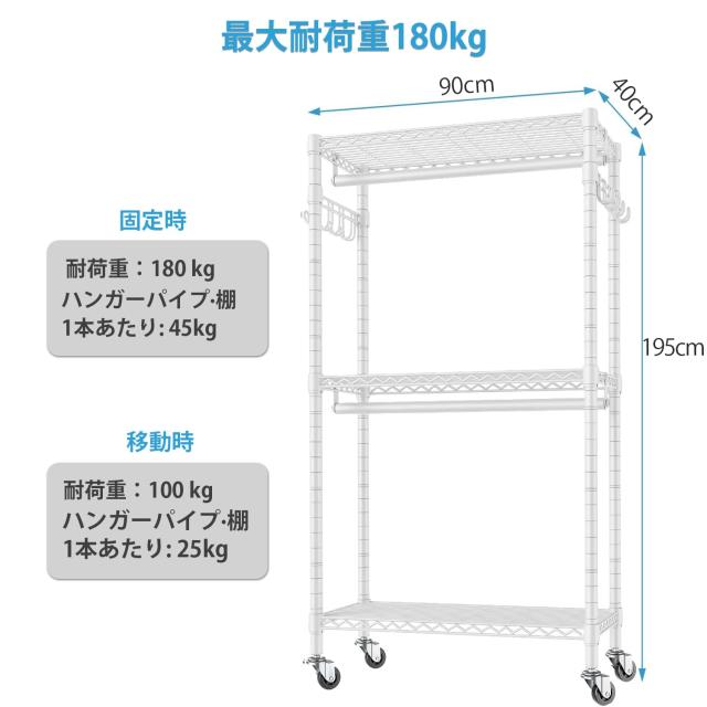 Hicrifth ハンガーラック 頑丈 洋服ラック 大容量 キャスター付き 棚付き 耐荷重200kg クローゼット ワードローブ ２段 洋服掛け 防サビ_3