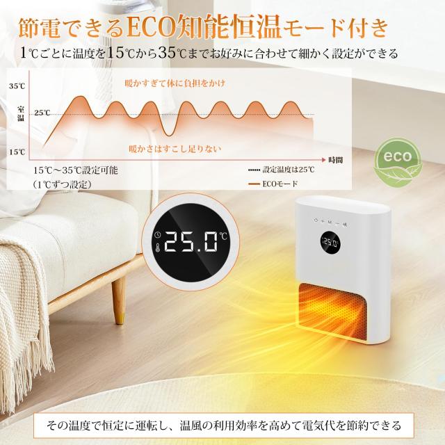 ヒーター 壁掛け 人感センサー付き 【ECO知能恒温？壁掛け式？3way使用】 セラミックヒーター 暖房器具 省エネ 2段階調節 4W/600W 1-12H_3