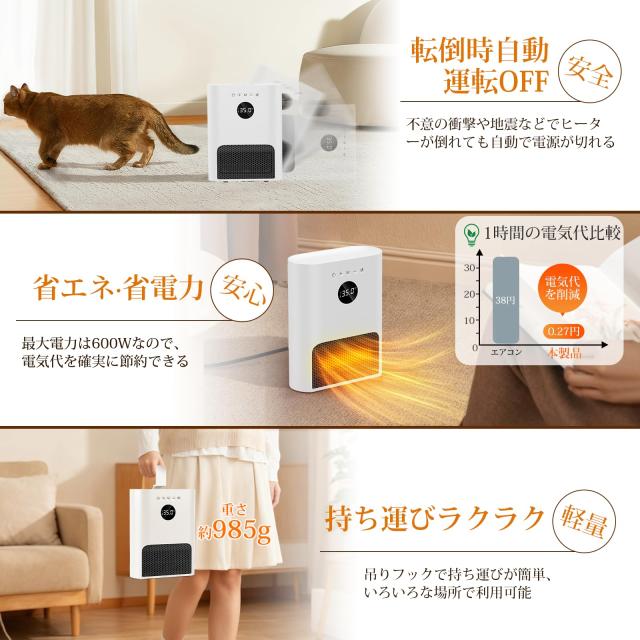 ヒーター 壁掛け 人感センサー付き 【ECO知能恒温？壁掛け式？3way使用】 セラミックヒーター 暖房器具 省エネ 2段階調節 4W/600W 1-12H_5