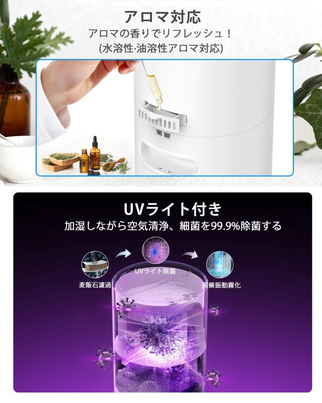 加湿器 大容量 8L 超音波式【2025新モデル】アロマ対応 空気清浄機能 上から給水 最大噴霧量300ml/h 65時間連続作動 知能恒湿 おしゃれ_2