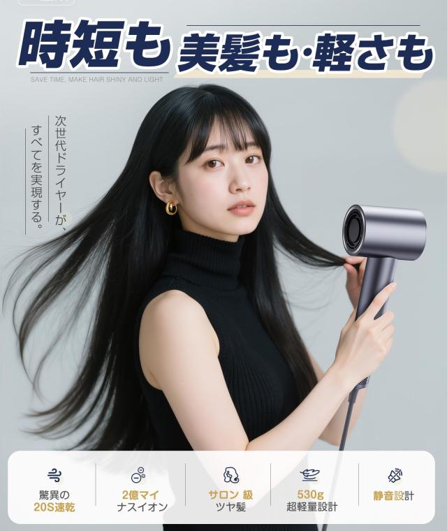 ドライヤー 大風量 【驚異の20秒速乾!】サロン級ヘアドライヤー 2億マイナスイオンで艶髪に革命 1300W強風ながら驚きの530G超軽量&静音設計 4段階温度調節 温冷リズム 静電気抑制 髪質改善 … ドライヤー 大風量 【驚異の20秒速乾！】サロン級ヘアドライヤー 2億