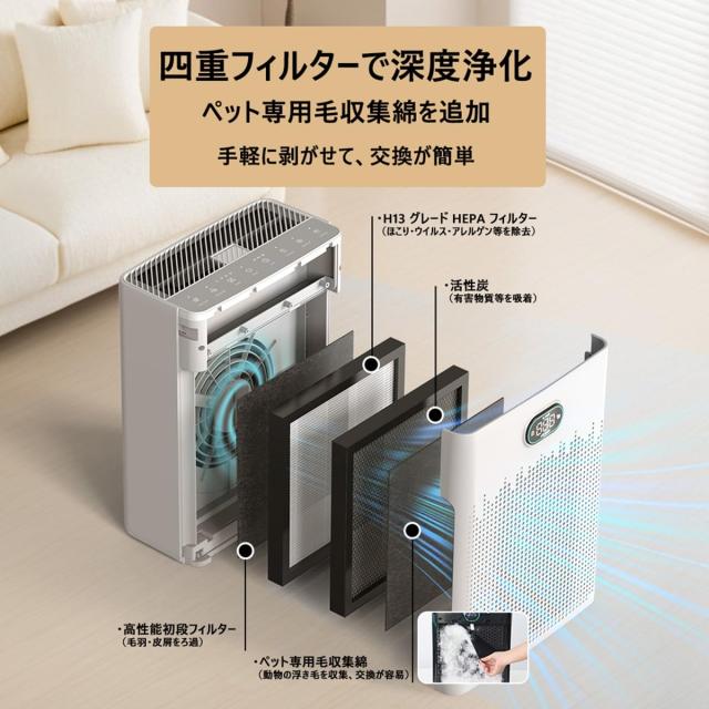 UEEYAC（ユーヤク）空気清浄機 ペット用 猫 犬 集毛・消臭機能搭載 4層HEPAフィルター CADR：4.2m？/分 30畳 集じん 広角吸引 節電対策 エ
