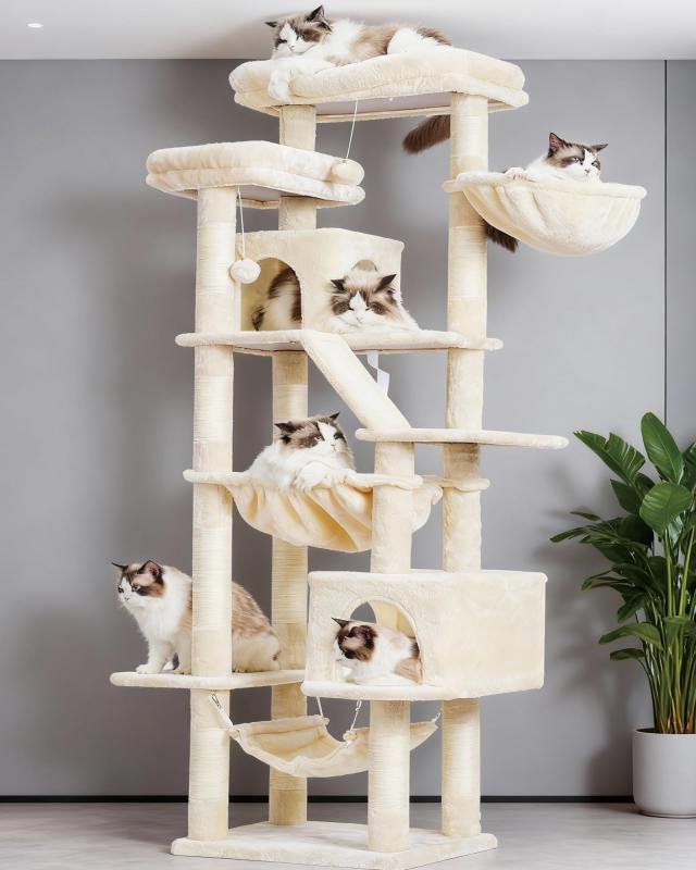 Heyblyキャットタワー 多頭飼い最適 高180cm 大型猫用 据え置き式 高安定性 ダブル展望台付き ダブル猫小屋付き 3 つ吊りベッド付き コン_1