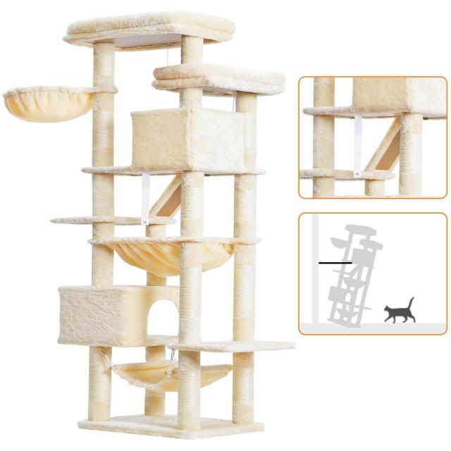 Heyblyキャットタワー 多頭飼い最適 高180cm 大型猫用 据え置き式 高安定性 ダブル展望台付き ダブル猫小屋付き 3 つ吊りベッド付き コン_5