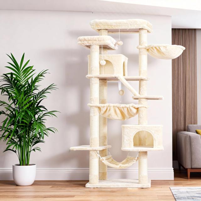Heyblyキャットタワー 多頭飼い最適 高180cm 大型猫用 据え置き式 高安定性 ダブル展望台付き ダブル猫小屋付き 3 つ吊りベッド付き コン_7