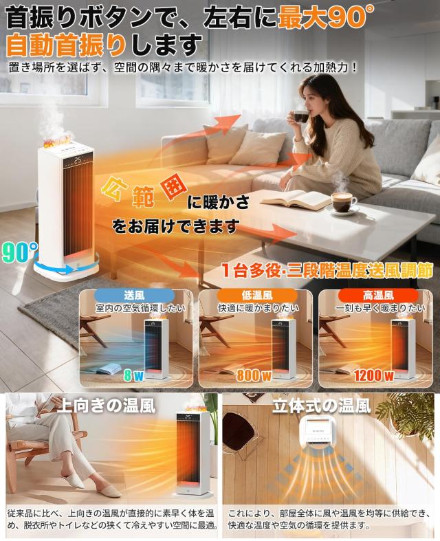 ATOPSUN セラミックヒーター 電気ヒーター セラミックファンヒーター 【人感センサーで節電対策・2.4m？/min大風量】超音波式加湿搭載 120