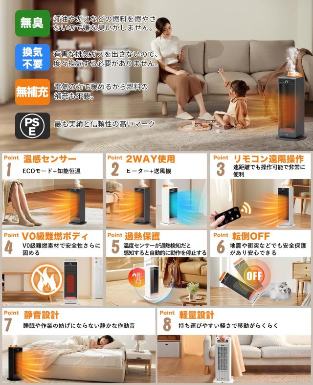 ATOPSUN セラミックヒーター 電気ヒーター セラミックファンヒーター 【人感センサーで節電対策・2.4m？/min大風量】超音波式加湿搭載 120