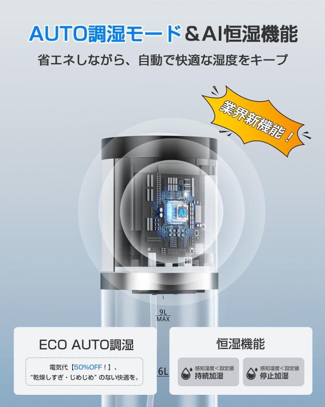 加湿器 大容量 9L 【2025新技術採用 6重除菌浄化＆AI知能