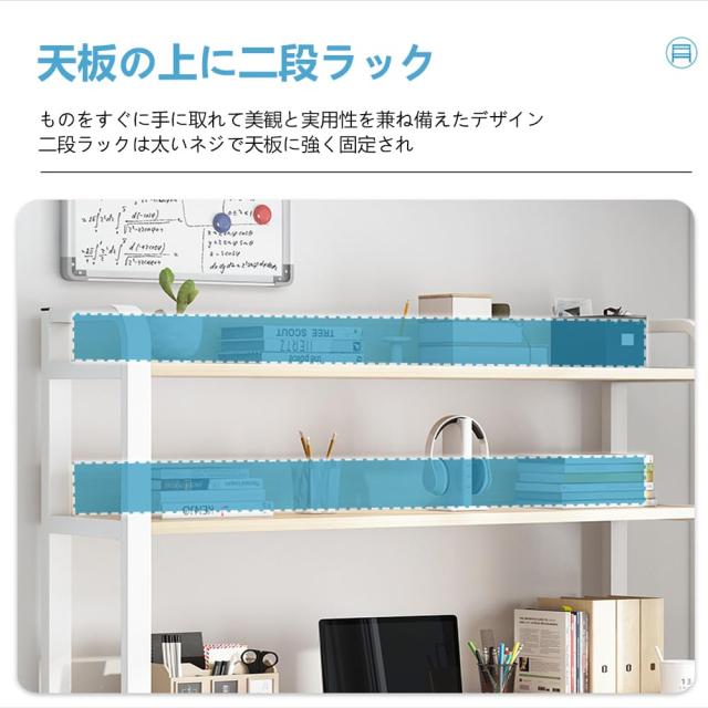 パソコンデスク 机 4段 勉強机 収納ラック付き 下棚付き pcデスク 学習机 作業机 テレワーク オフィス ゲーミング アイボリー 幅80x奥行5