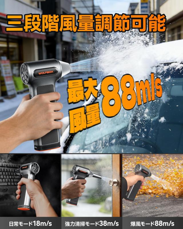 WOLFBOX エアダスター 電動 強力ブロワー 大出力 雪下ろし 最大風速88m/s以上 11万回転【2026最新・バッテリー交換可能】5000mAh大容量 1_2
