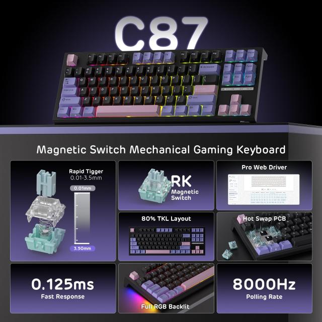 RK ROYAL KLUDGE C87 HE ラピッドトリガー ゲーミングキーボード、87キー TKL 有線 RGB メカニカルキーボード、ホール効果磁気スイッチキ_1