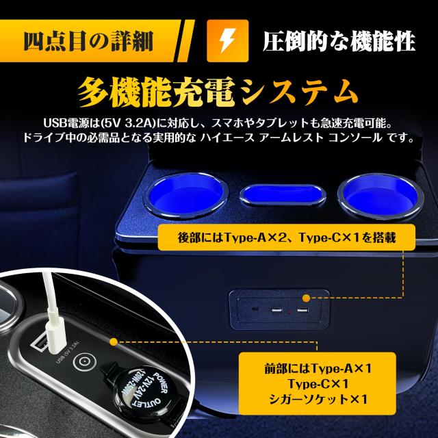Echimy ハイエース 200系 専用 アームレスト コンソールボックス 