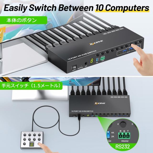 KCEVE HDMI KVM切替器 10入力1出力 4K@60Hz EDID機能 キーボード