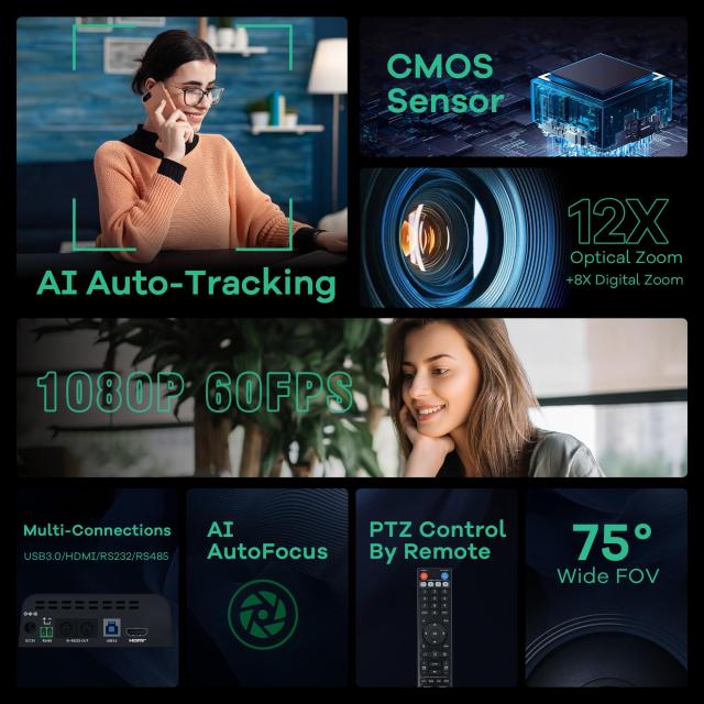 TONGVEO PTZウェブ会議カメラ AIオートトラッキング 12倍光学ズーム 1080P/60fps HDMI/USB3.0対応 会議室向けウェブカメラ (Zoom、YouTub_1