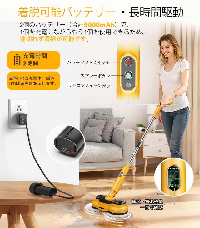 Qimedo 電動モップ 800回/分 高速回転 軽量コードレス床ポリッシャー