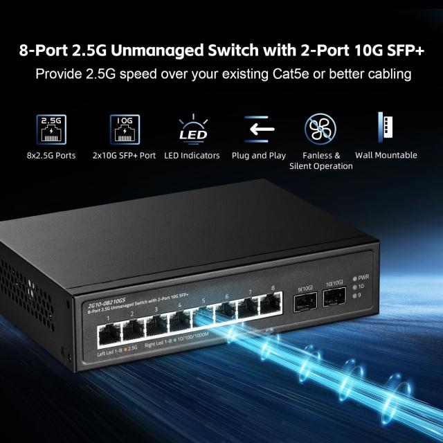 10ポート 2.5Gスイッチ、2x10G SFP+ポート、8x2.5G Base-Tポート（100/1000Mbps互換）、金属製ファンレス非管理型Binardatイーサネットス_1