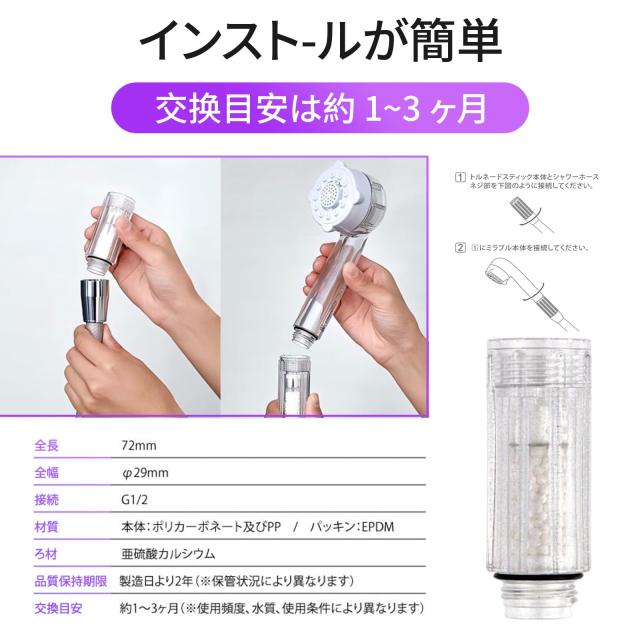 トルネードスティック シャワーヘッド用 浄水カートリッジ（塩素除去・節水・美肌効果・簡単交換）4個入り_5