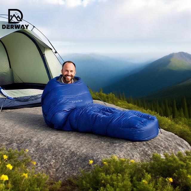DERWAY ダウン寝袋 冬用 枕付き (220*85cm) 超軽量 ワイドバージョン 680FPフィルパワー -15℃〜8℃ コンパクト寝袋 YKK連結ジッパー付き