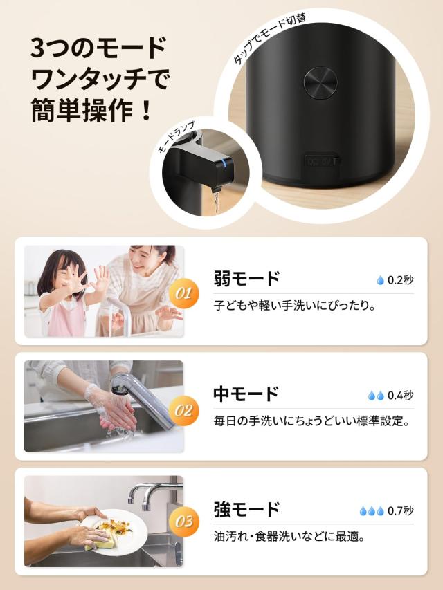 【手をかざすだけ】SUNLY 自動ソープディスペンサー 液体洗剤・食器用洗剤対応 3段階吐出 高感度センサー 静音設計 IPX5防水 270ml USB充_2