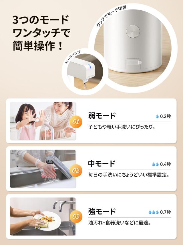 【手をかざすだけ】SUNLY 自動ソープディスペンサー 液体洗剤・食器用洗剤対応 3段階吐出 高感度センサー 静音設計 IPX5防水 270ml USB充_2